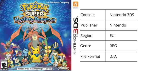 Pokemon Mystery Dungeon 3DS rom, file format .cia, rpg game regioned in the EU by Nintendo. Game cover image and stats.