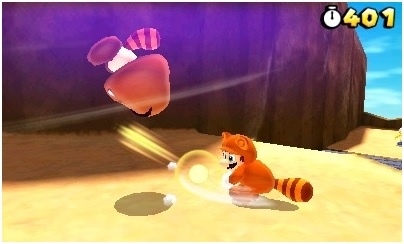 Super Mario 3D land gameplay mario in racoon costume hitting mushroom enemies 
