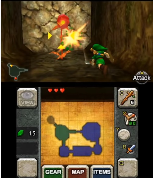 The Legend of Zelda: Ocarina of Time 3D combat and map on Nintendo 3DS